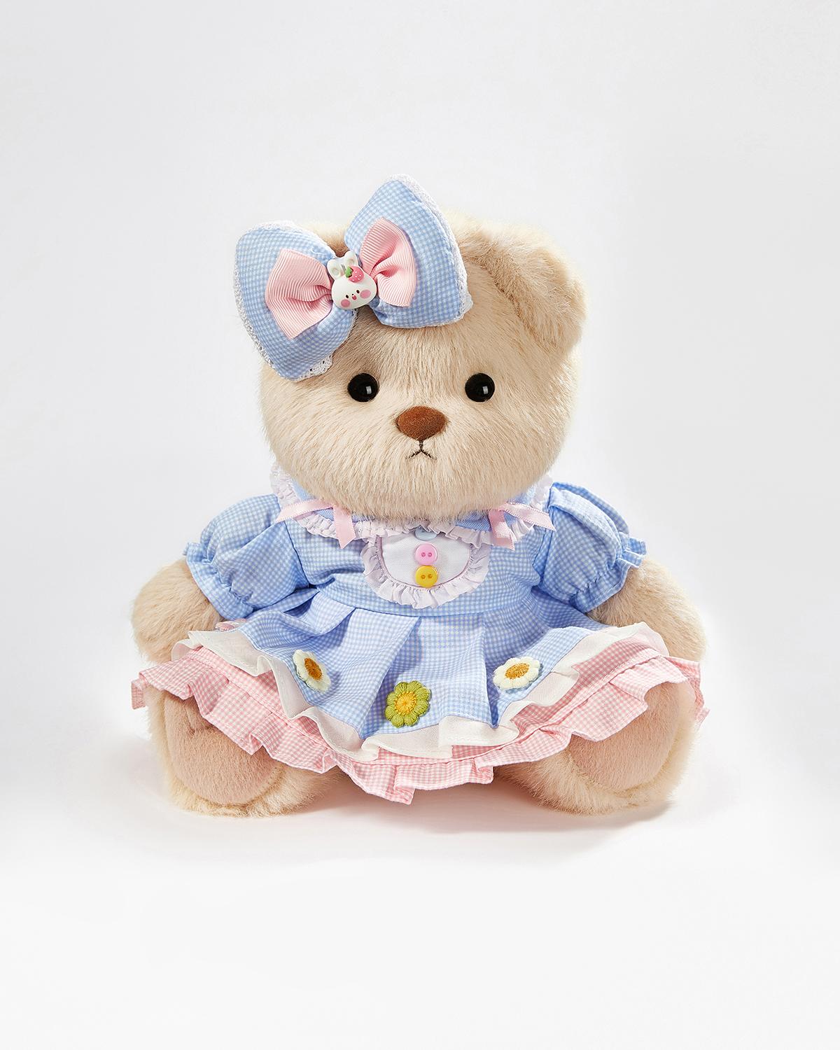 Teddy Bear & Cute Blue Plaid Floral Dress - 12 Inches