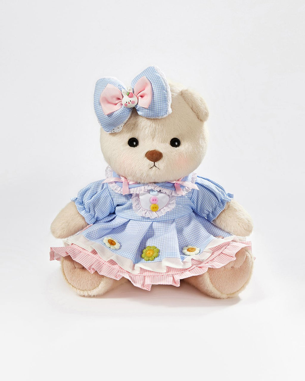 Teddy Bear & Cute Blue Plaid Floral Dress - 12 Inches