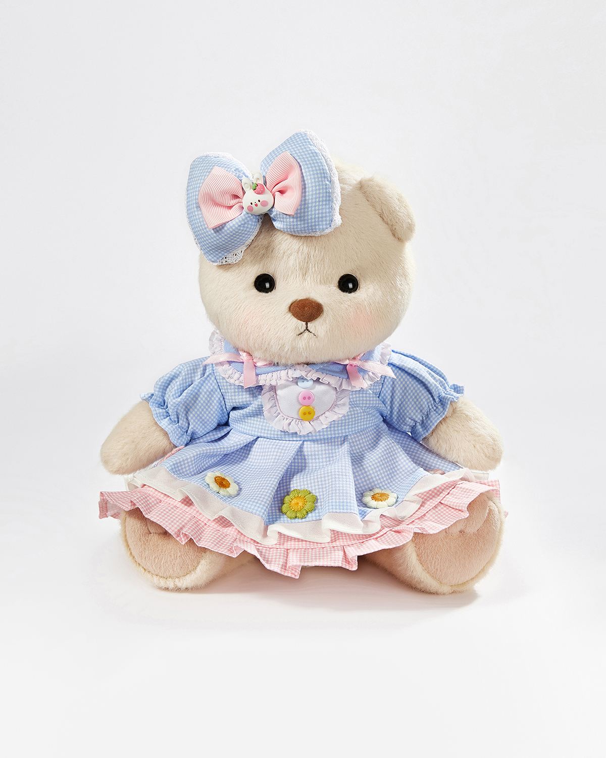 Teddy Bear & Cute Blue Plaid Floral Dress - 12 Inches