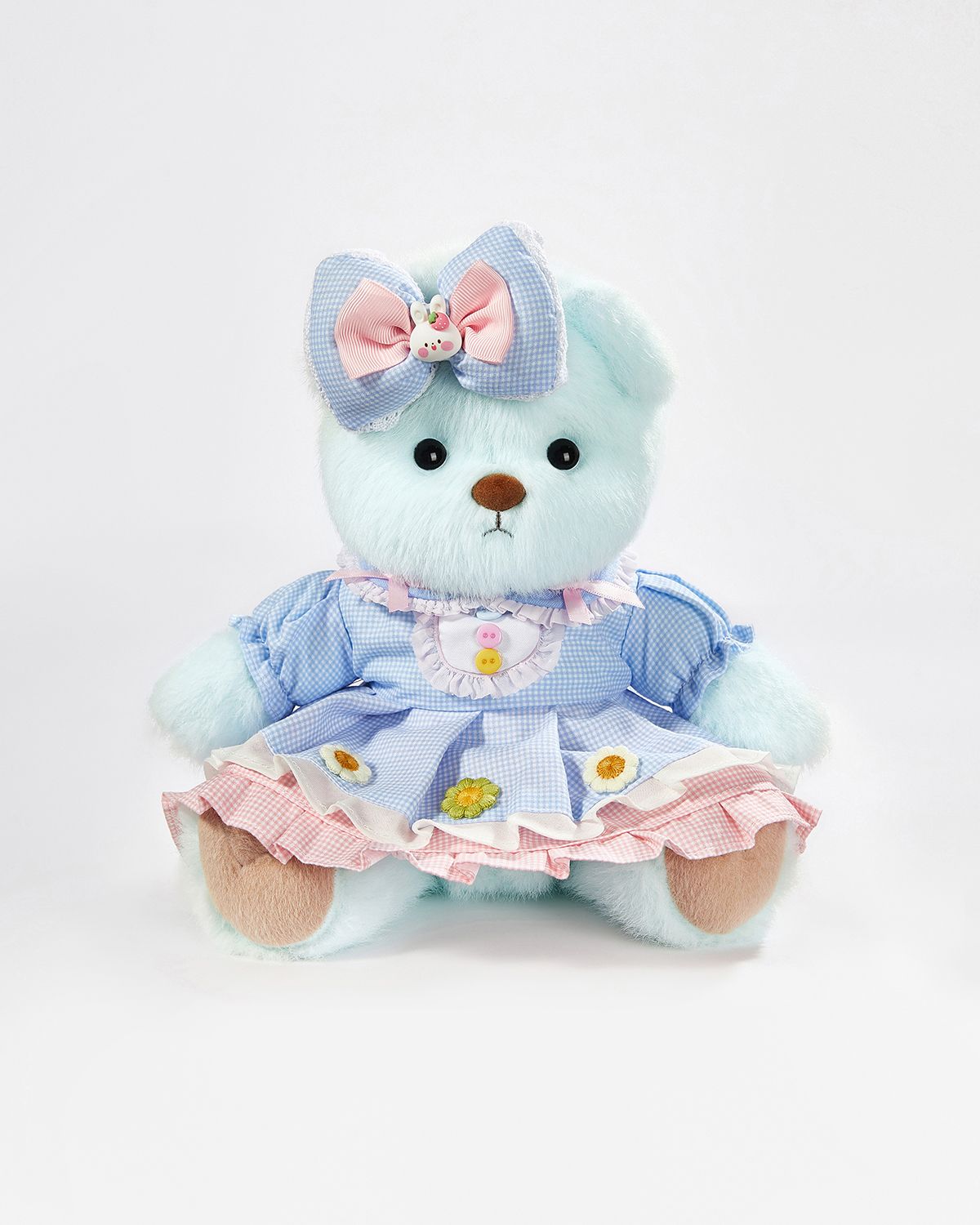 Teddy Bear & Cute Blue Plaid Floral Dress - 12 Inches