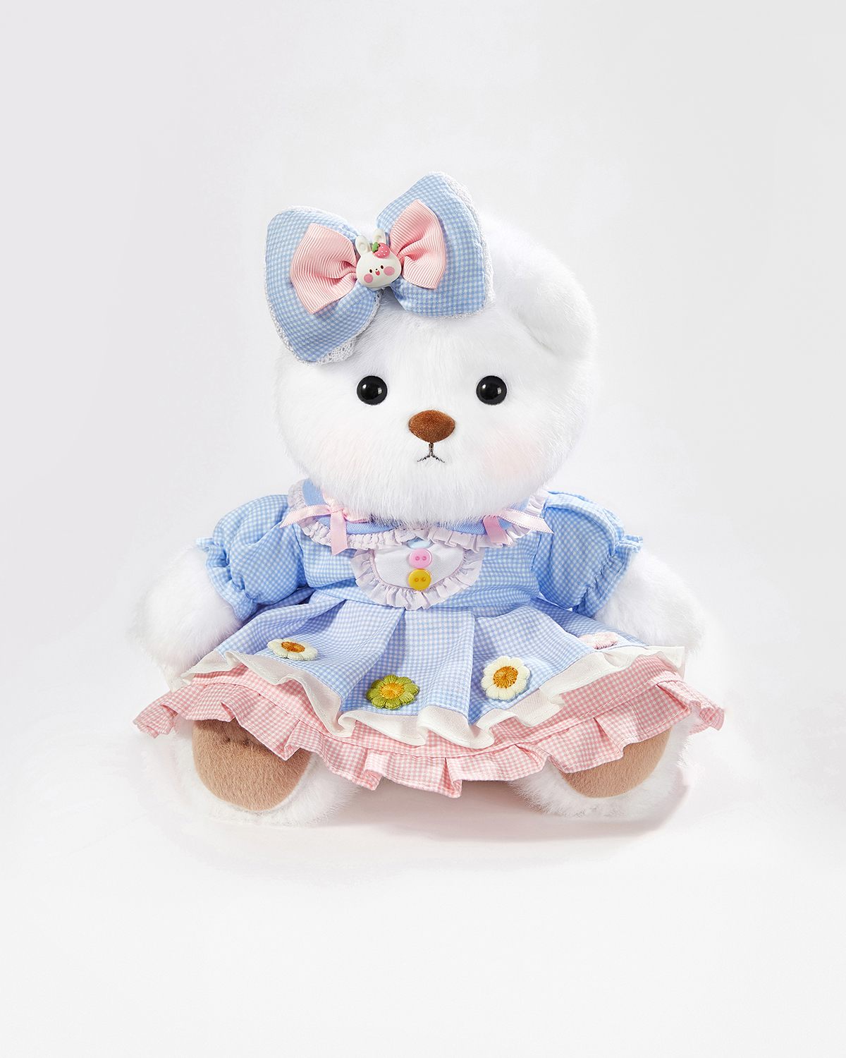 Teddy Bear & Cute Blue Plaid Floral Dress - 12 Inches