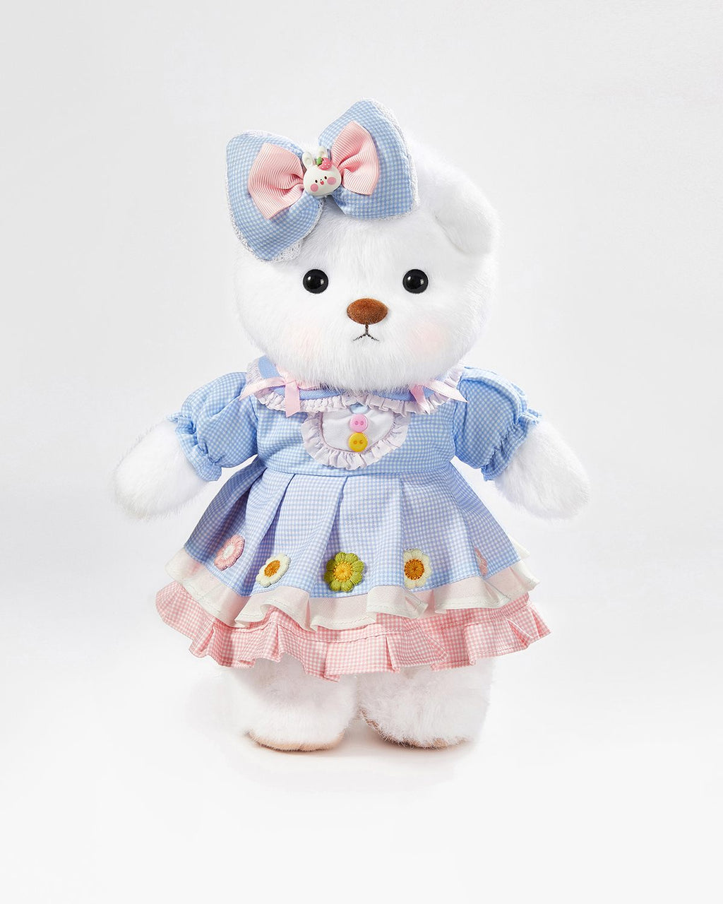 Teddy Bear & Cute Blue Plaid Floral Dress - 12 Inches