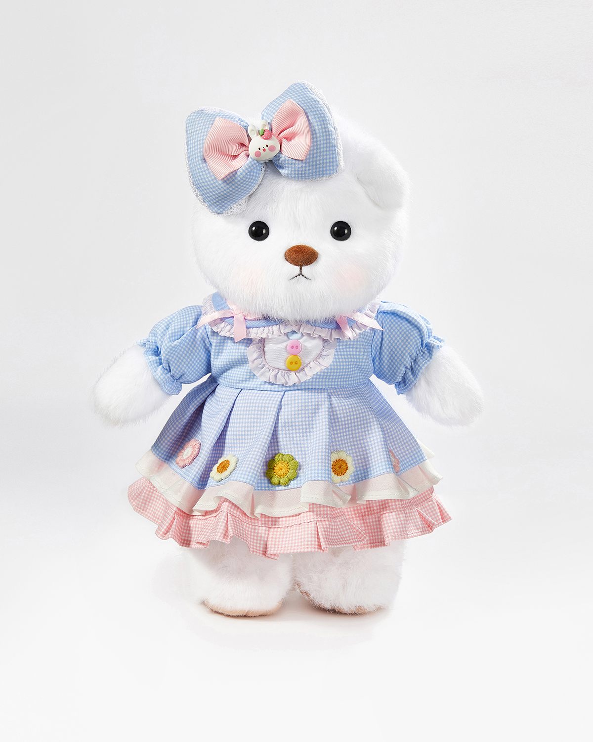 Teddy Bear & Cute Blue Plaid Floral Dress - 12 Inches