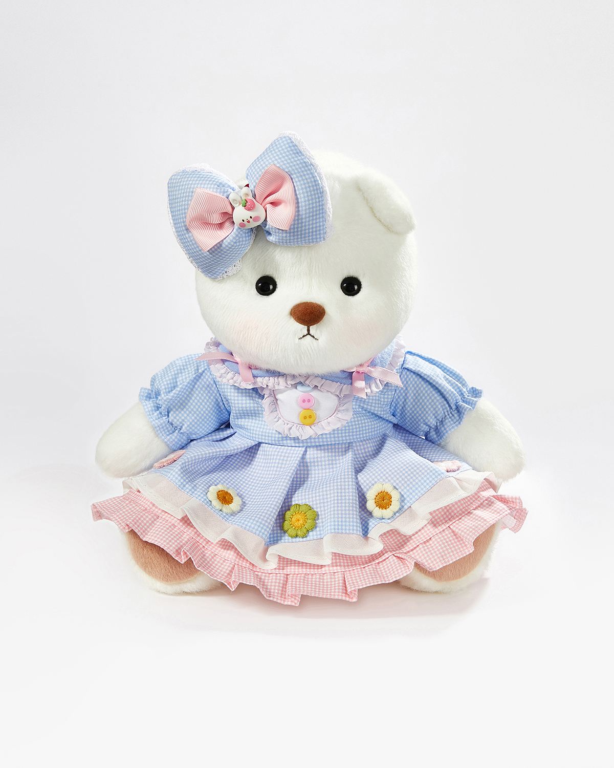 Teddy Bear & Cute Blue Plaid Floral Dress - 12 Inches